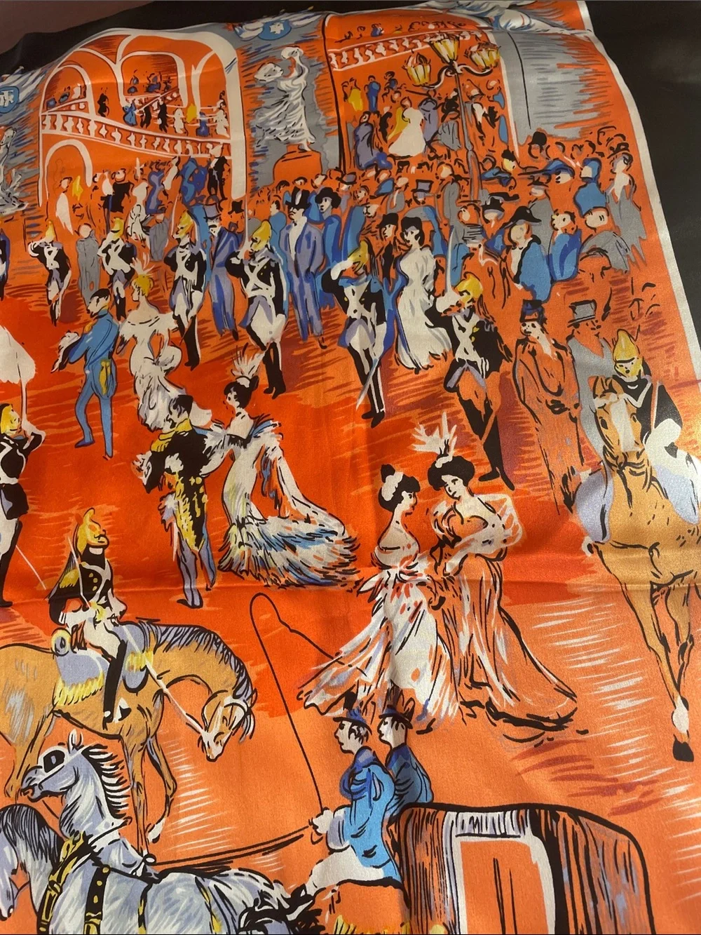 Orange Illustrated Ballroom Scene Silk Scarf
